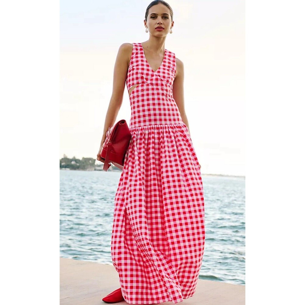 Anthropologie Red and White Gingham Maxi Dress